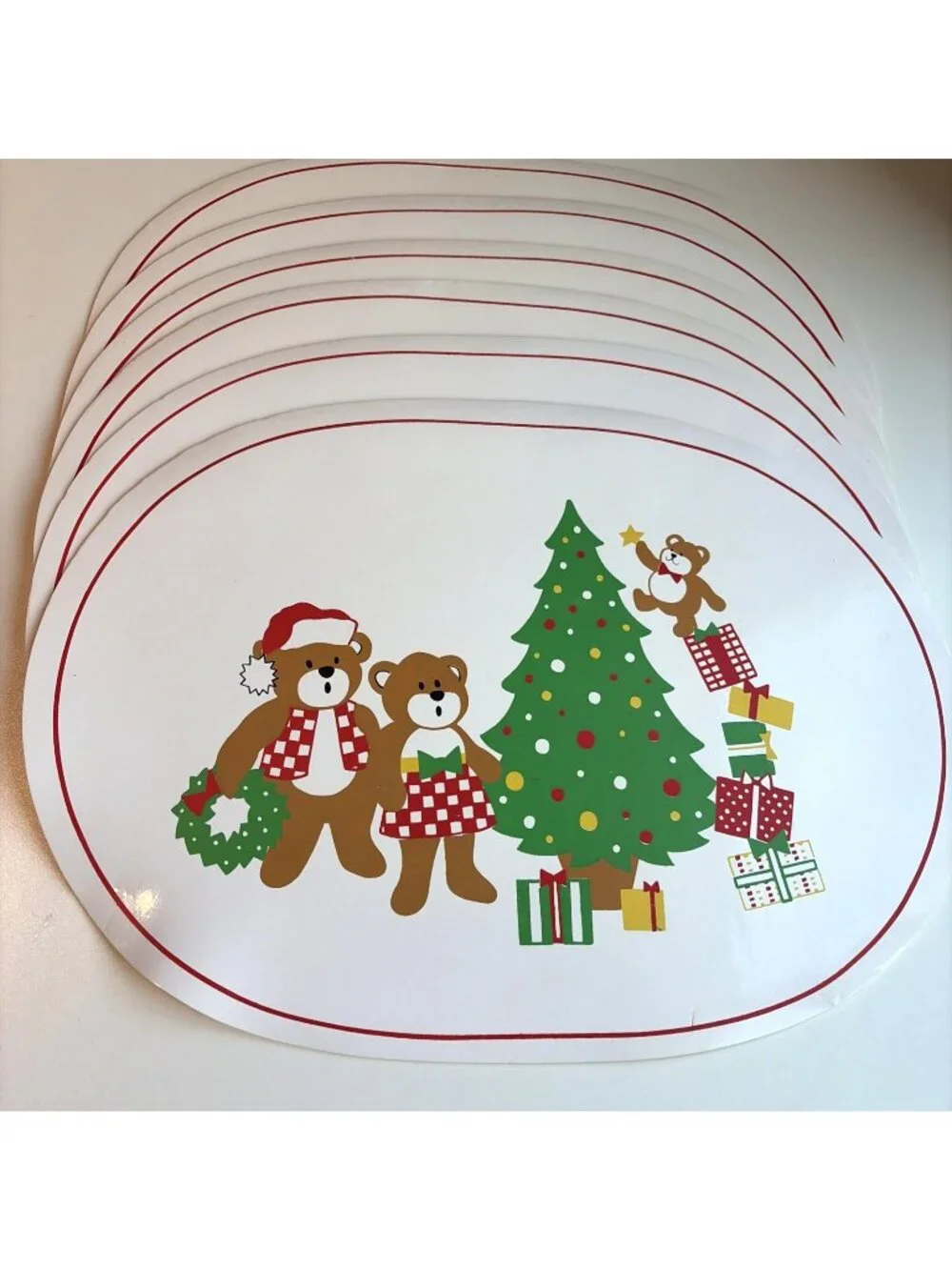VTG Christmas Teddy Bear Placemat Set of 6 Vinyl Holiday Kitschy 80s 90s Retro